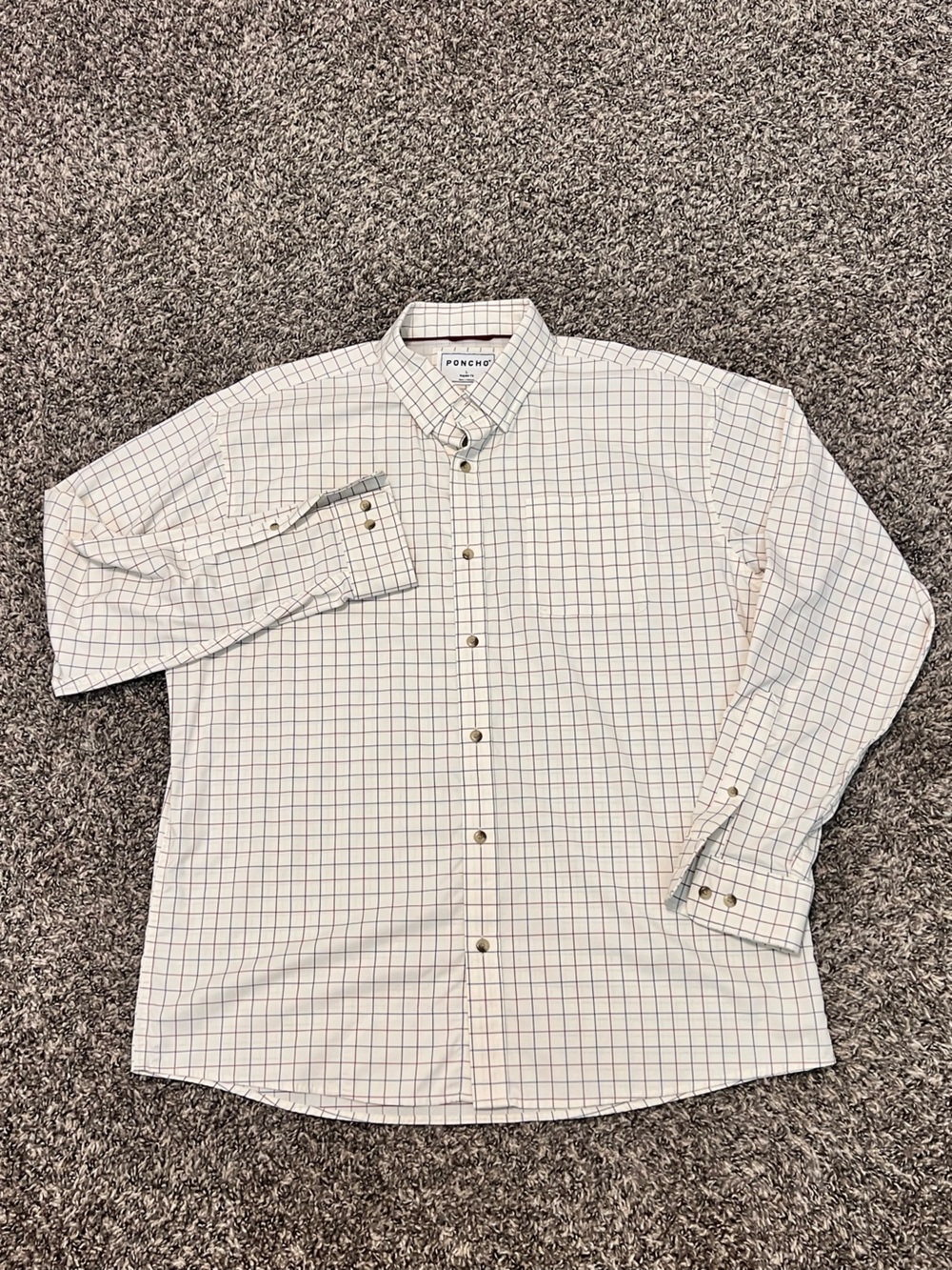 Men’s Poncho White Button-Down Shirt with Navy Windowpane Grid